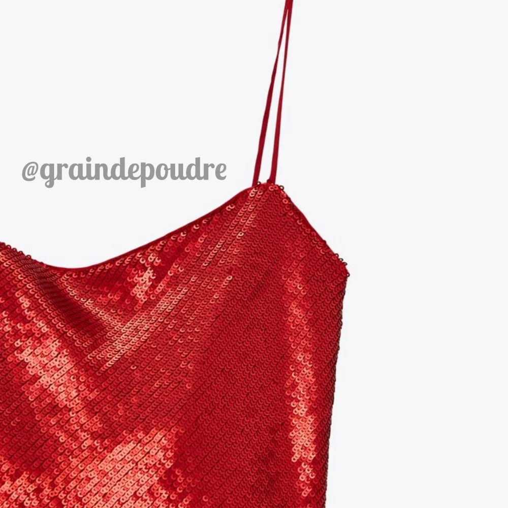 Zara Red Sequin Spaghetti Strap Back Cowl Drape Mini Slip Dress XS S - Picture 5 of 6